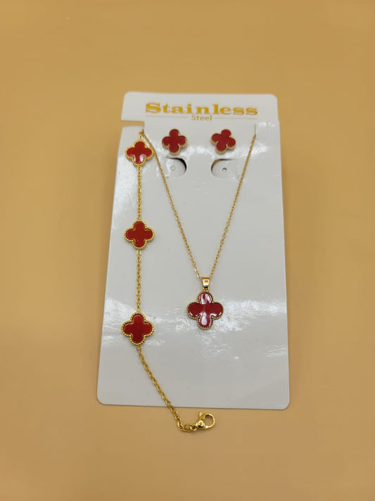 Set trébol rojo collar-brazalete-aretes